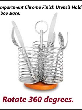 3 Compartment Chrome Finish Utensil Holder Bamboo Base.